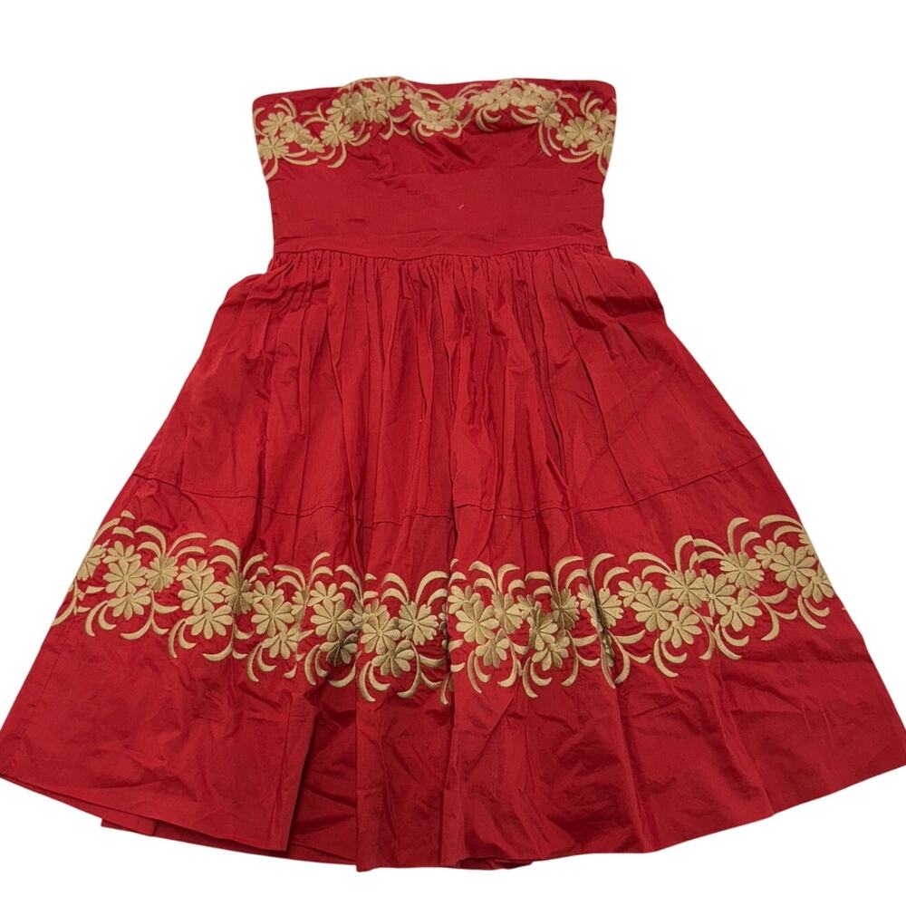 Girls From Savoy Dress Womens 2 Red Gold Around the Maypole Anthropologie Cotton